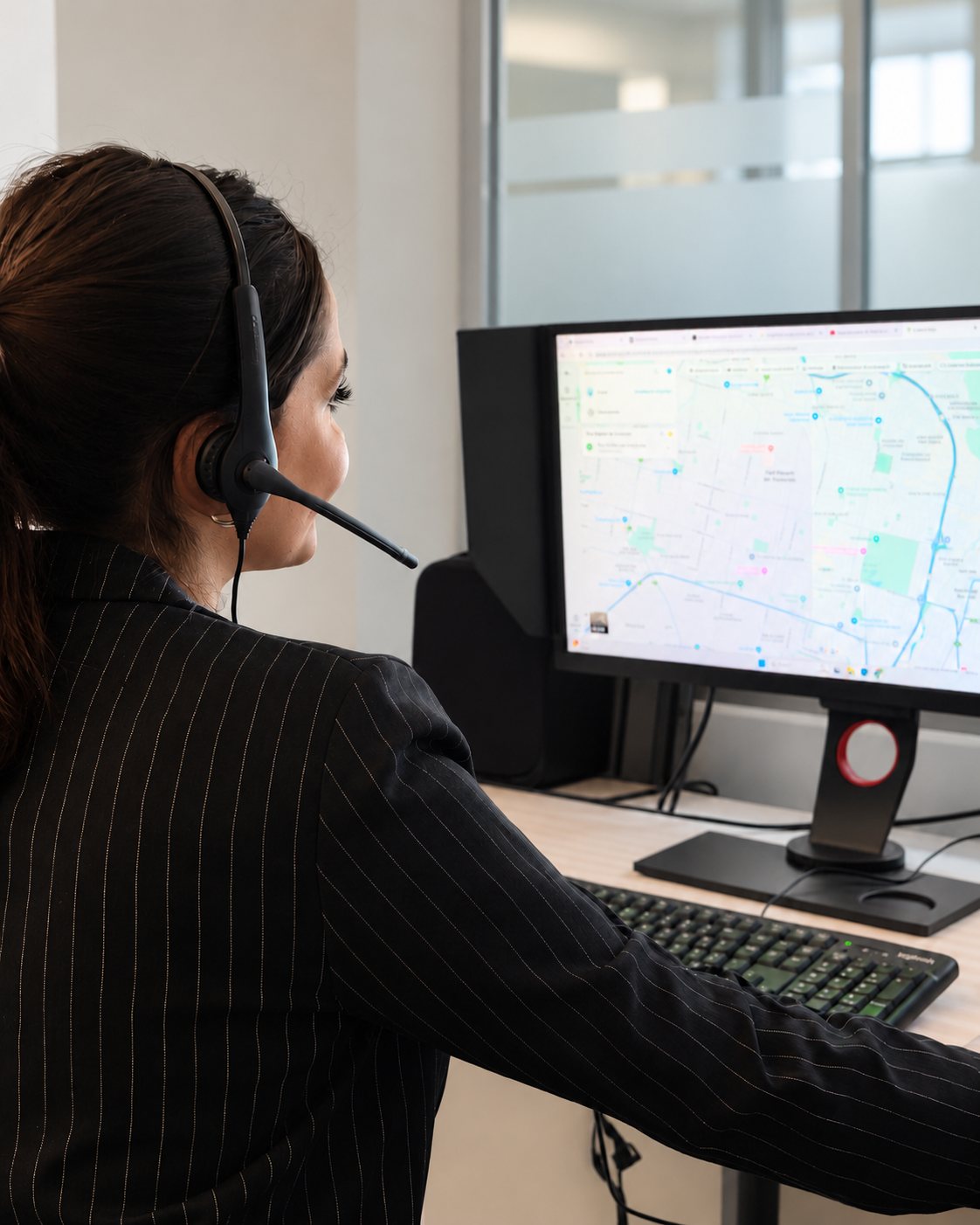 Coordinadora de Aerotransfer realizando el seguimiento de los traslados en una oficina luminosa